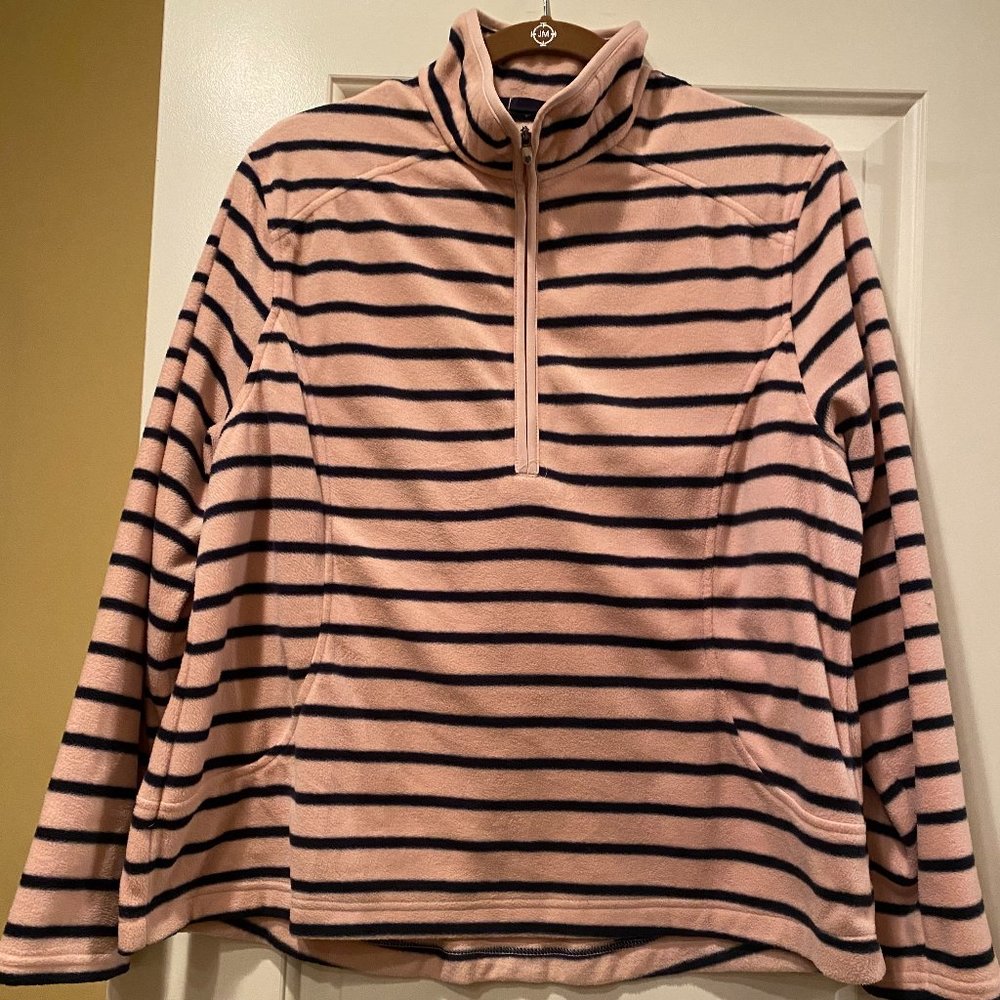 Lands' End Pink and Navy Striped Quarter Zip Fleece pullover